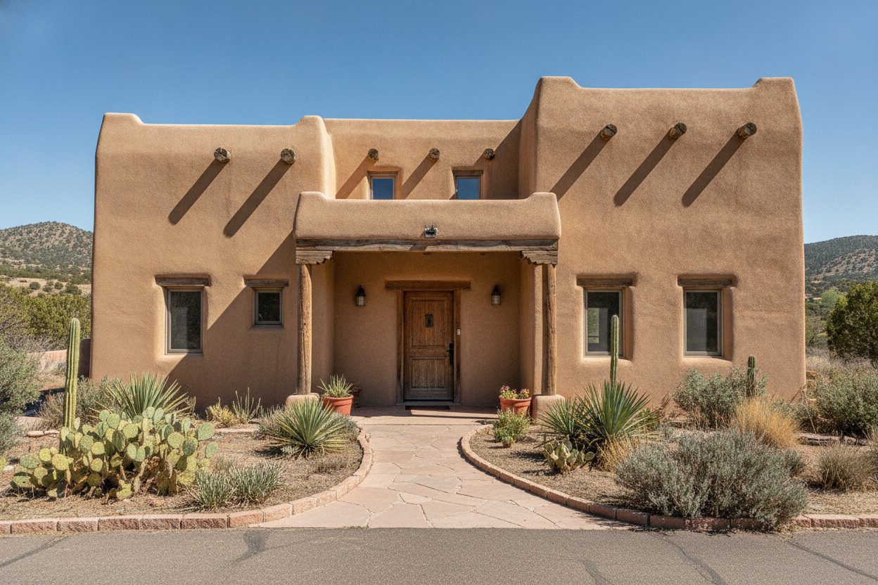 Exterior of the pueblo adobe hacienda in Santa Fe, NM