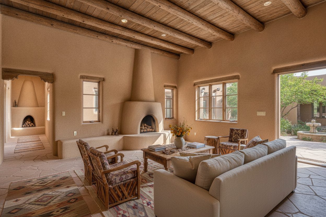 Living room of the pueblo adobe hacienda in Santa Fe, NM