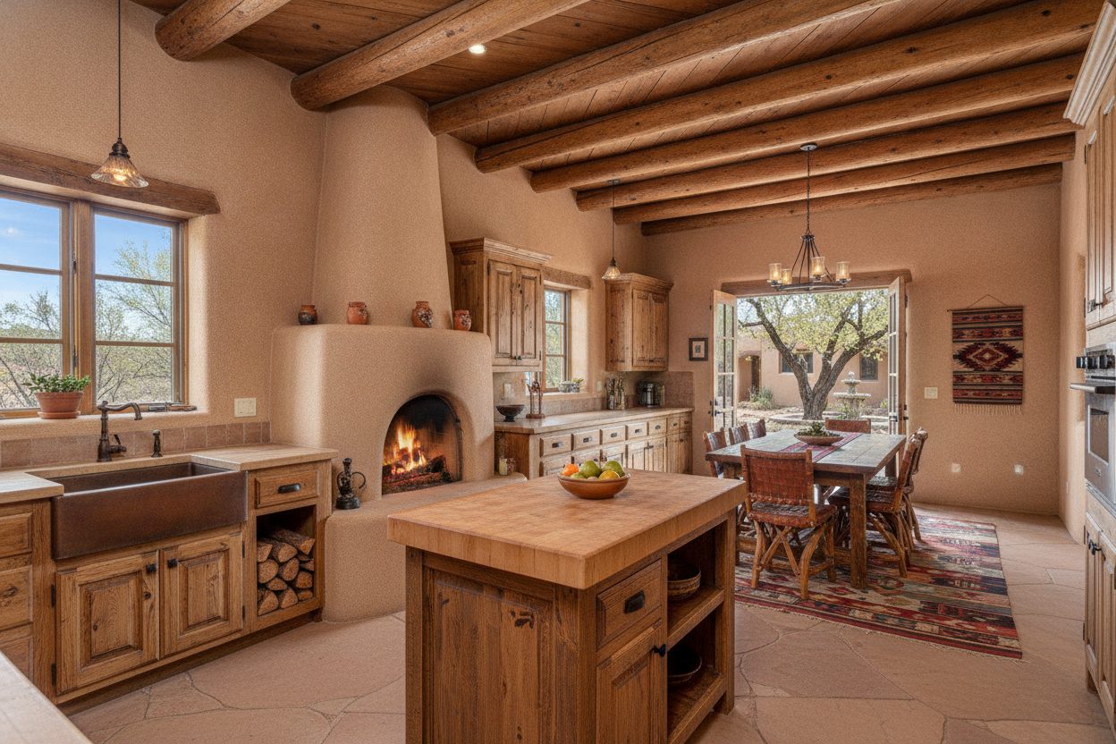 Kitchen of the pueblo adobe hacienda in Santa Fe, NM