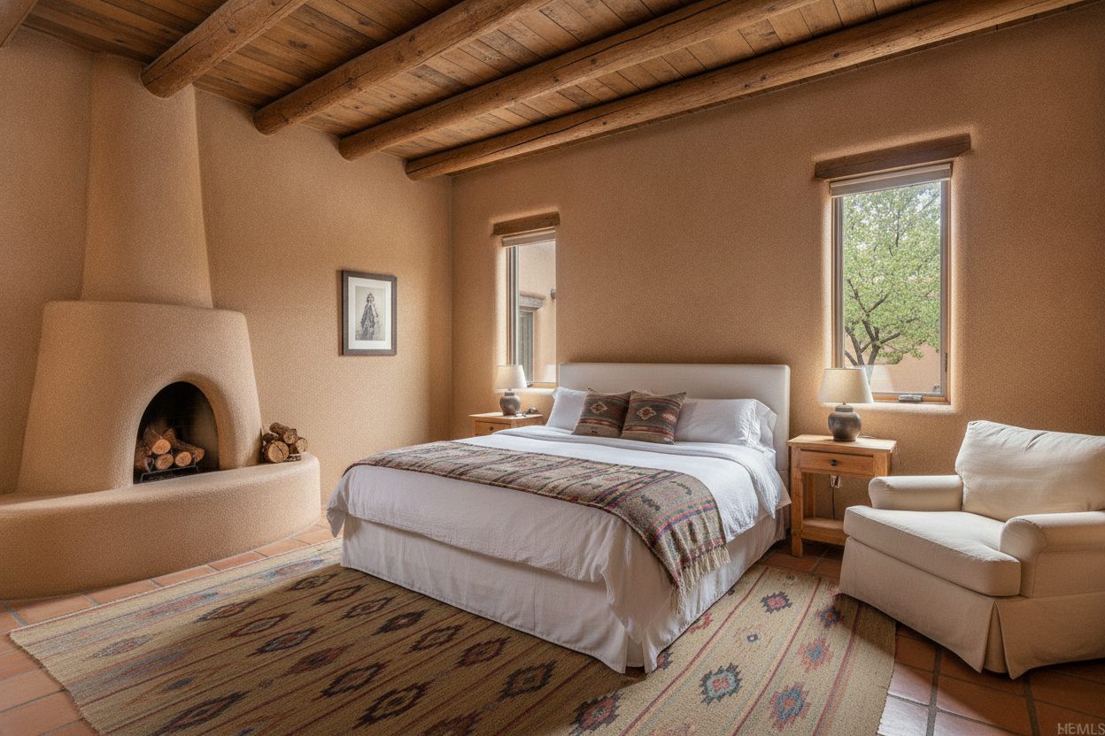 Primary bedroom of the pueblo adobe hacienda in Santa Fe, NM