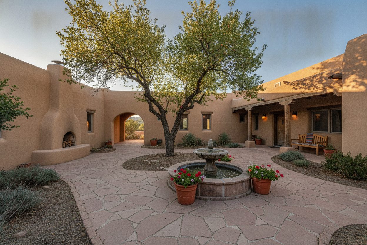 Outdoor space of the pueblo adobe hacienda in Santa Fe, NM