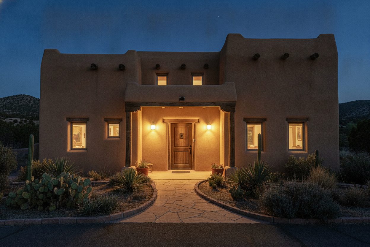 Exterior at night of the pueblo adobe hacienda in Santa Fe, NM