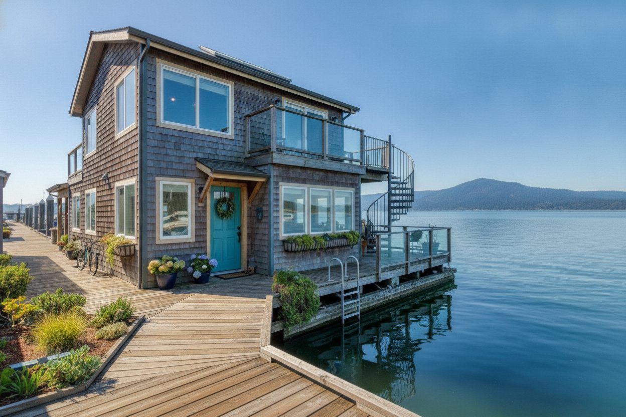 Exterior of the floating home in Sausalito, CA