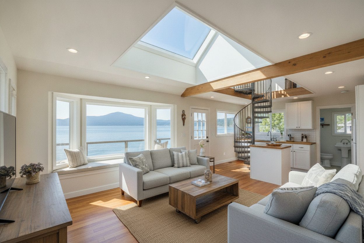 Living room of the floating home in Sausalito, CA