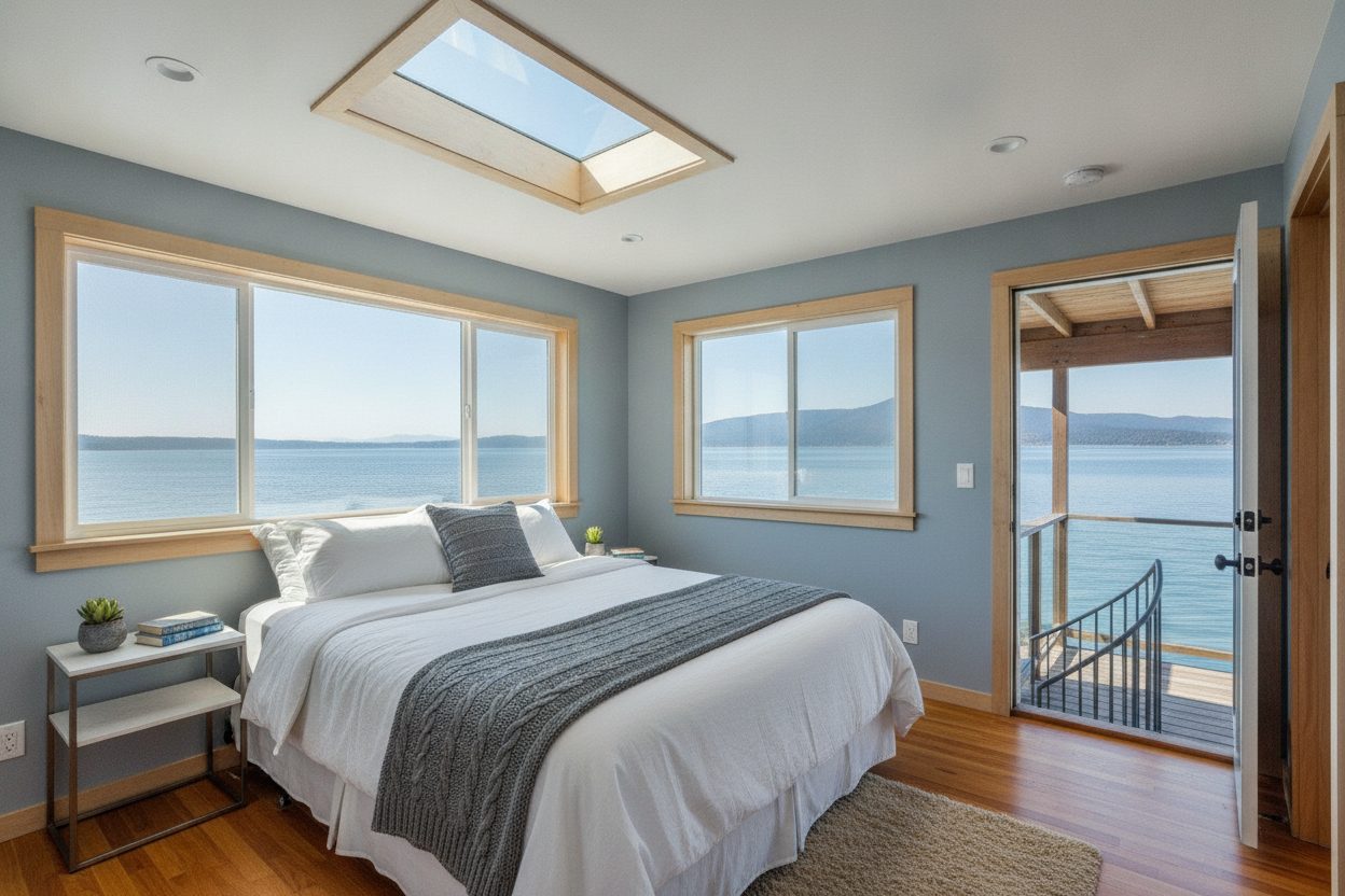 Primary bedroom of the floating home in Sausalito, CA