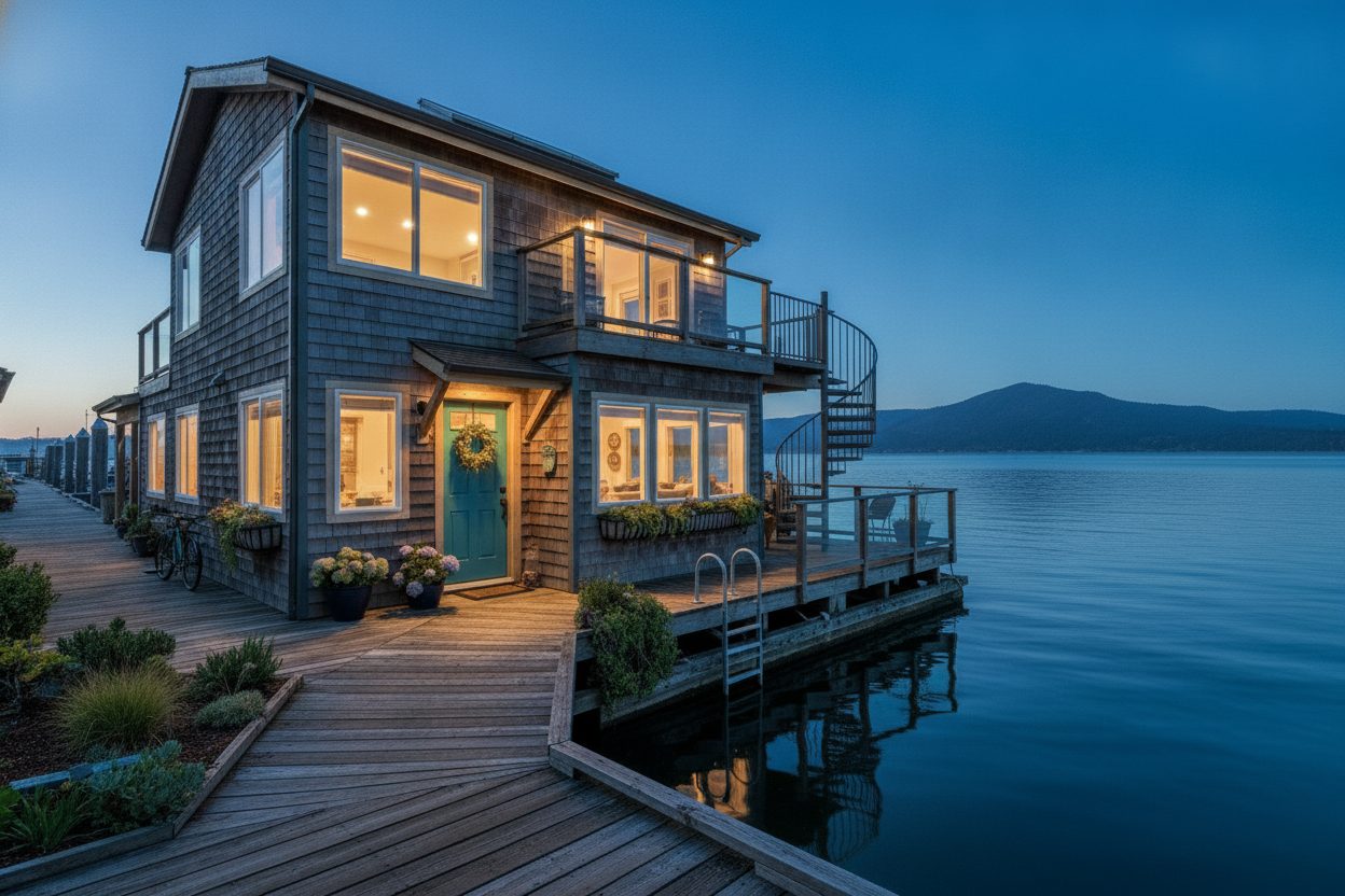Exterior at night of the floating home in Sausalito, CA