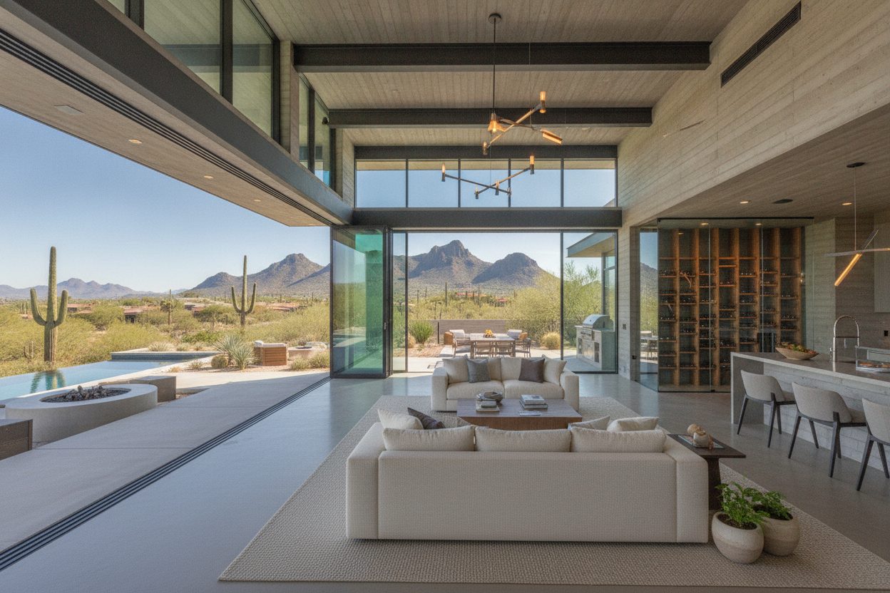 Living room of the desert modern in Scottsdale, AZ