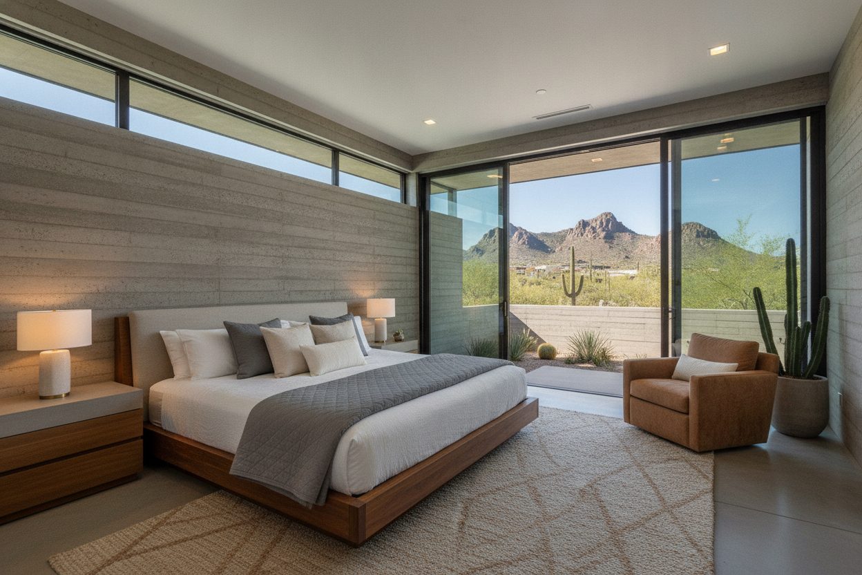 Primary bedroom of the desert modern in Scottsdale, AZ