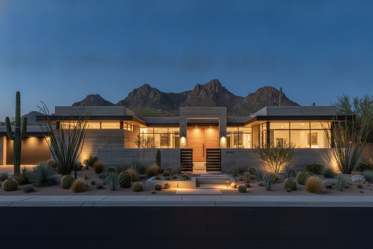 Exterior at night of the desert modern in Scottsdale, AZ