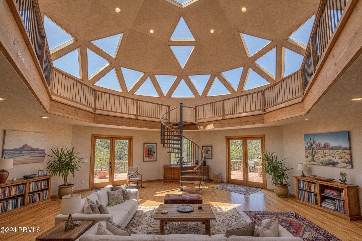 Living room of the geodesic dome in Sedona, AZ