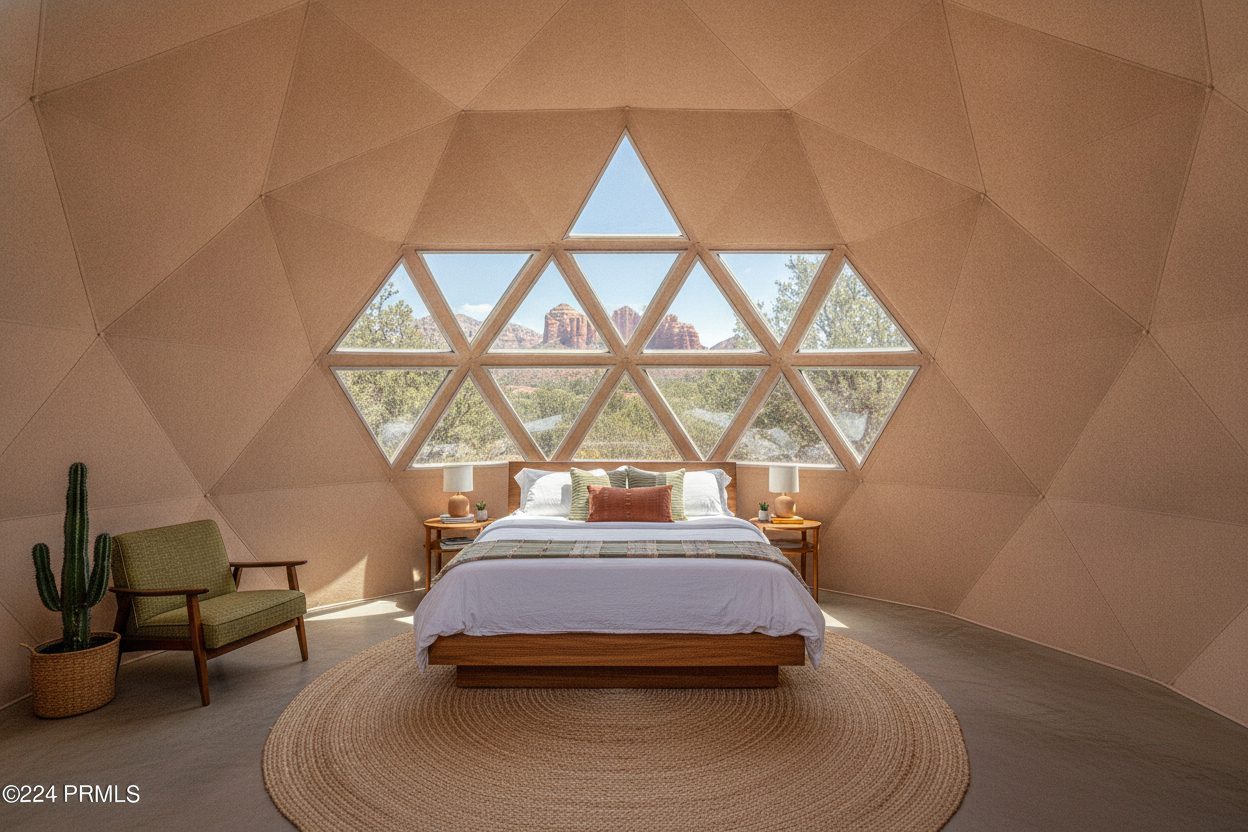 Primary bedroom of the geodesic dome in Sedona, AZ