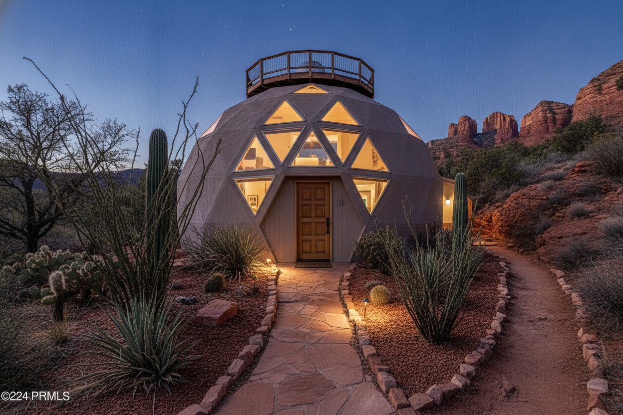 Exterior at night of the geodesic dome in Sedona, AZ