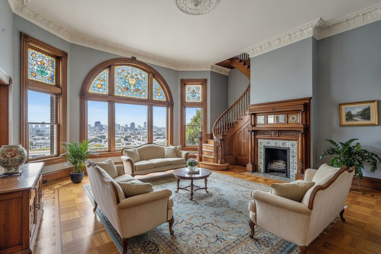 Living room of the queen anne victorian in San Francisco, CA