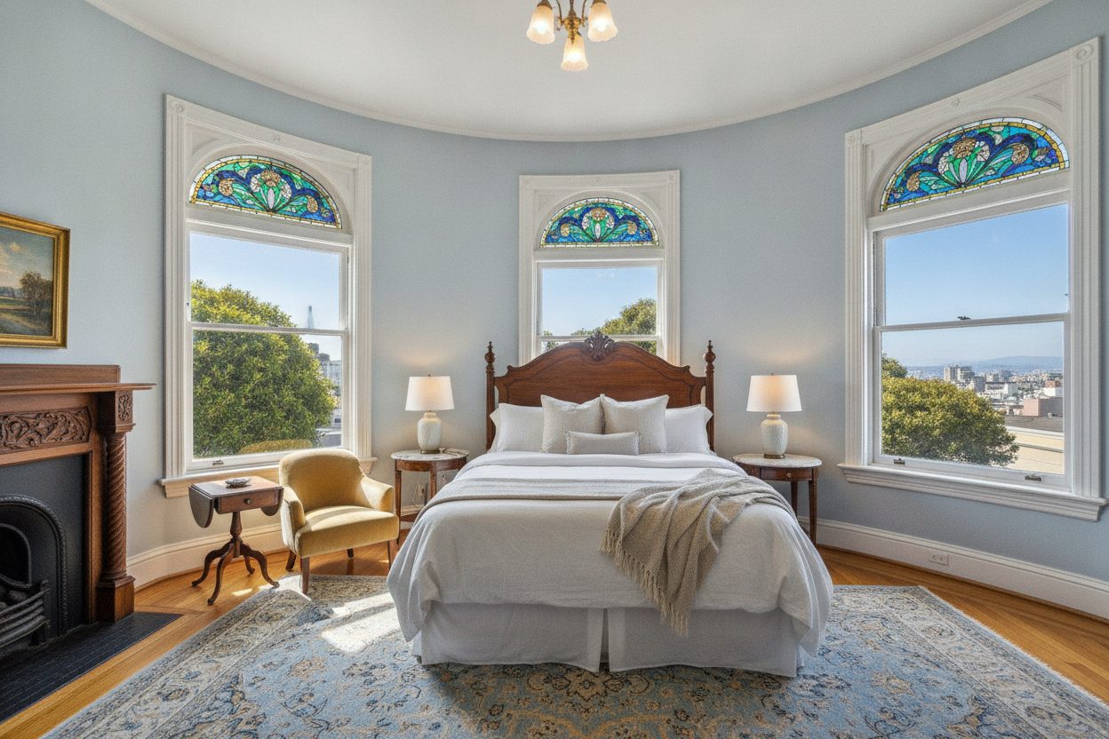Primary bedroom of the queen anne victorian in San Francisco, CA