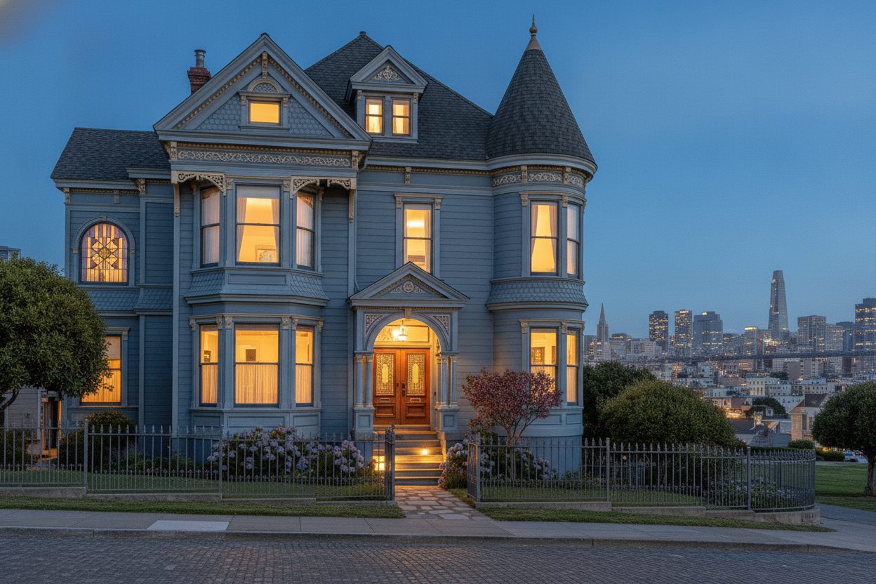 Exterior at night of the queen anne victorian in San Francisco, CA