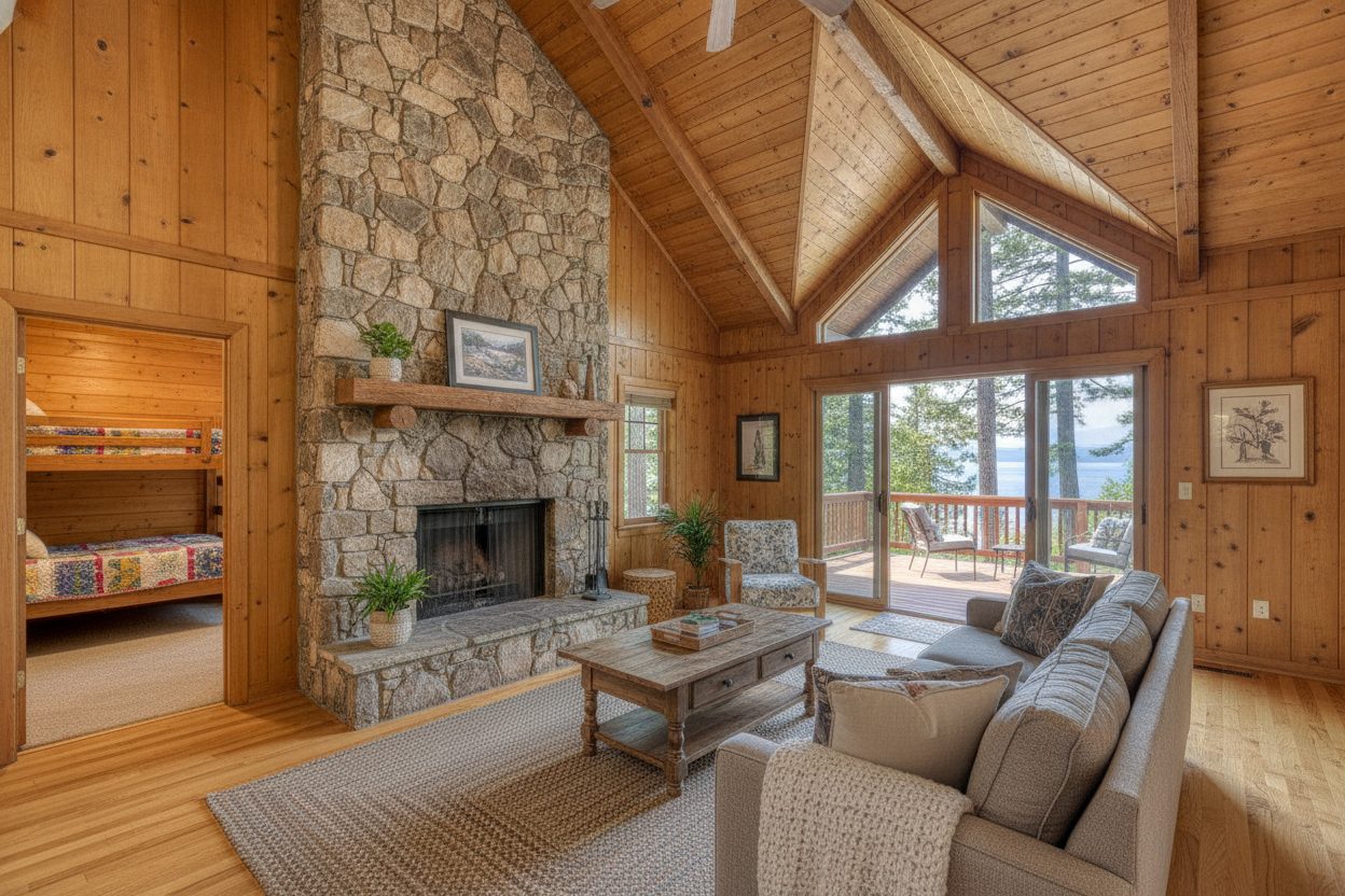 Living room of the lakeside cabin in Tahoe City, CA