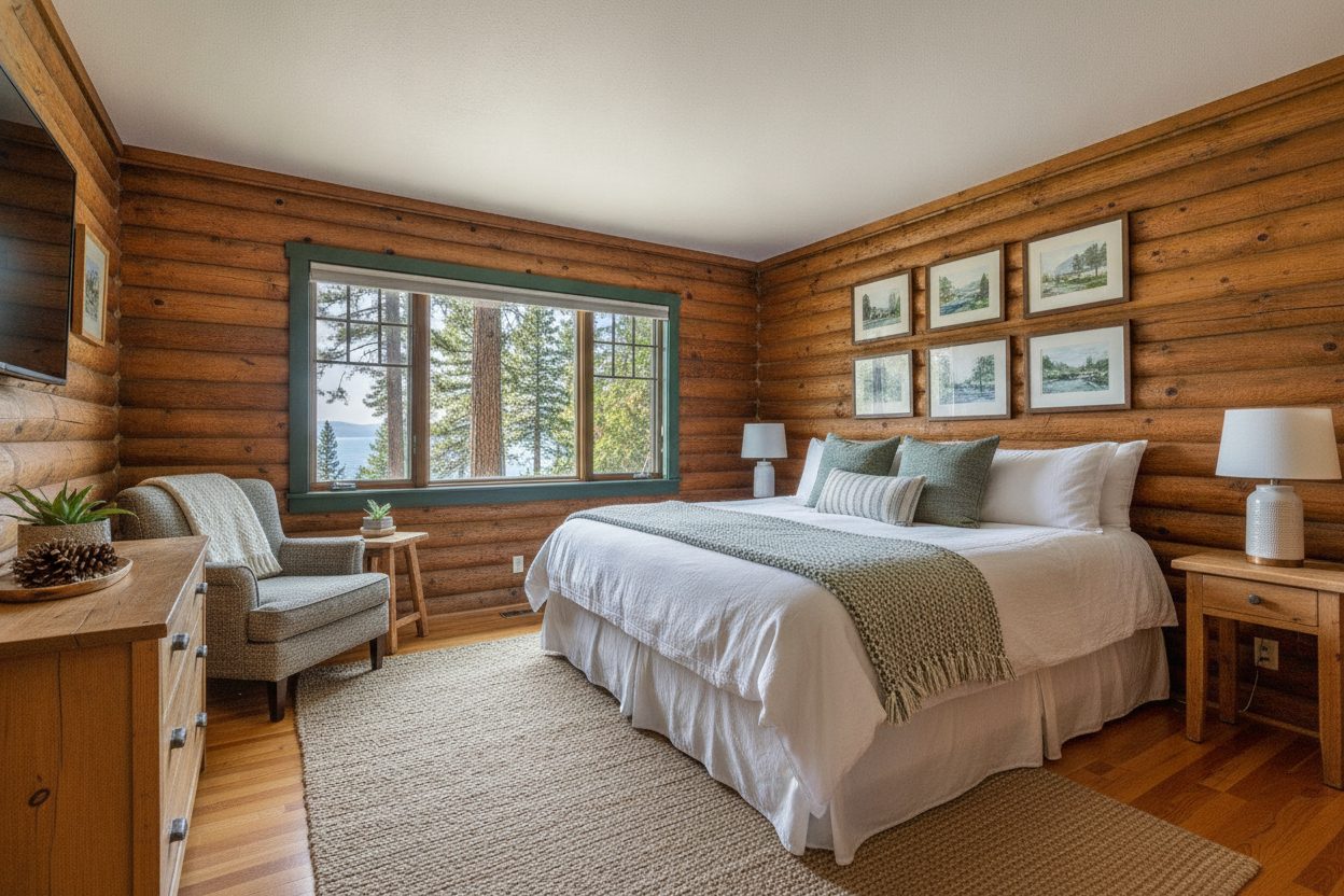 Primary bedroom of the lakeside cabin in Tahoe City, CA