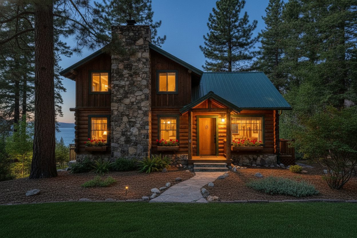 Exterior at night of the lakeside cabin in Tahoe City, CA