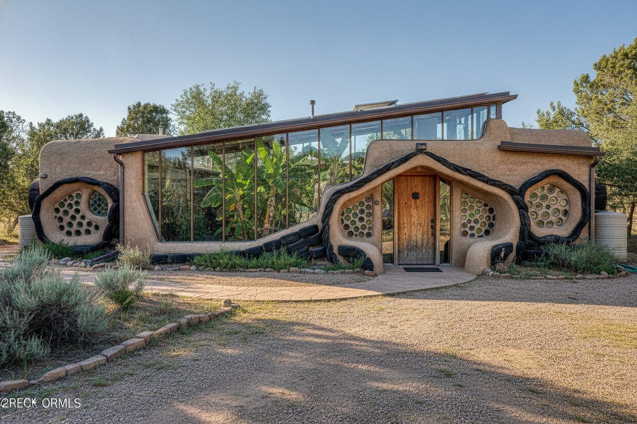 Exterior of the off-grid earthship in Taos, NM