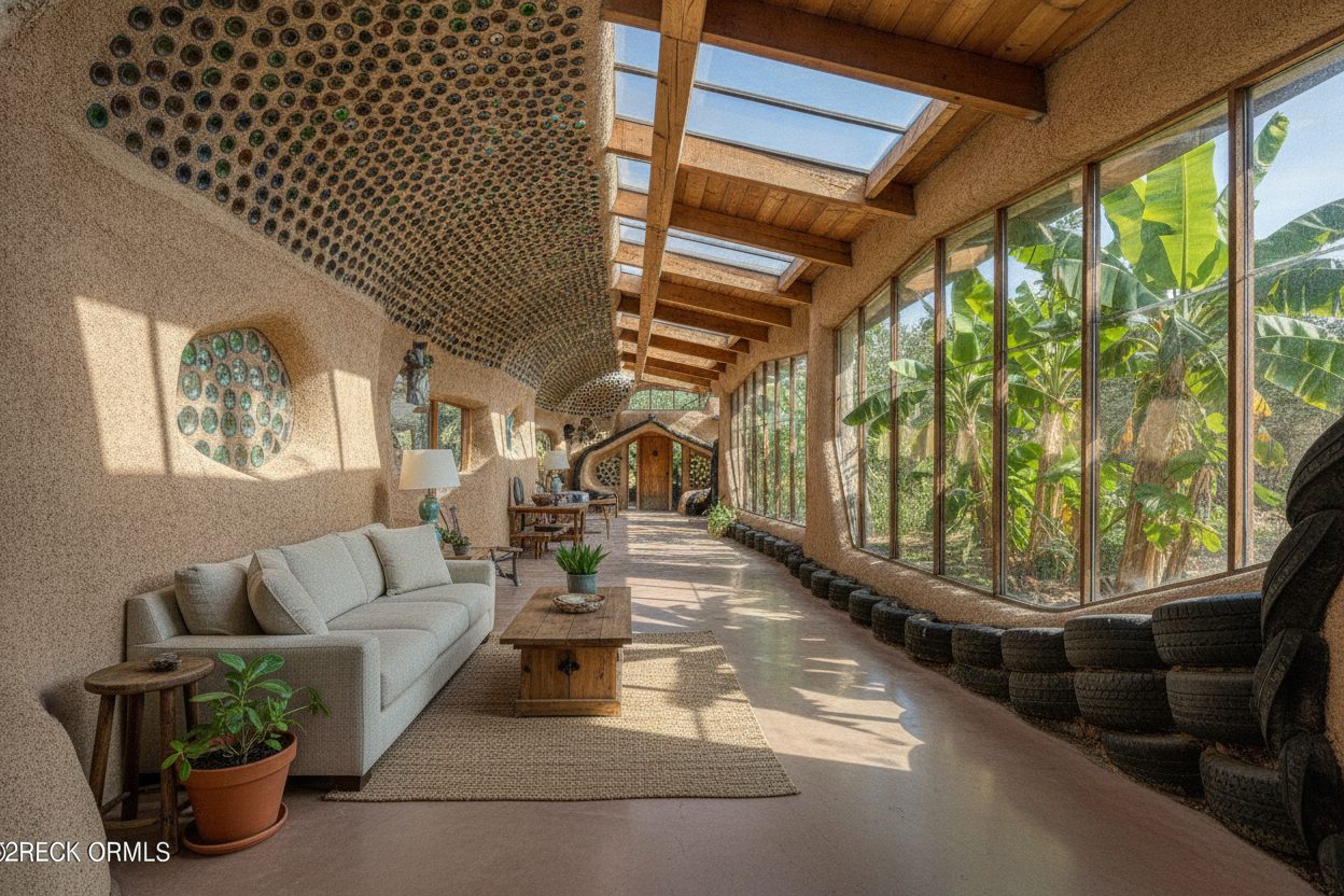 Living room of the off-grid earthship in Taos, NM