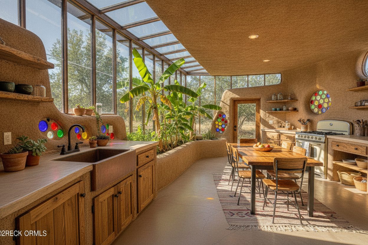 Kitchen of the off-grid earthship in Taos, NM
