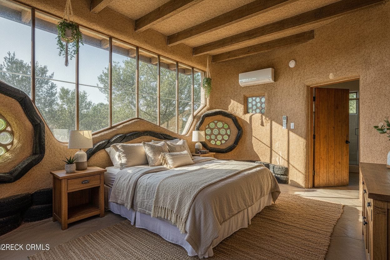 Primary bedroom of the off-grid earthship in Taos, NM