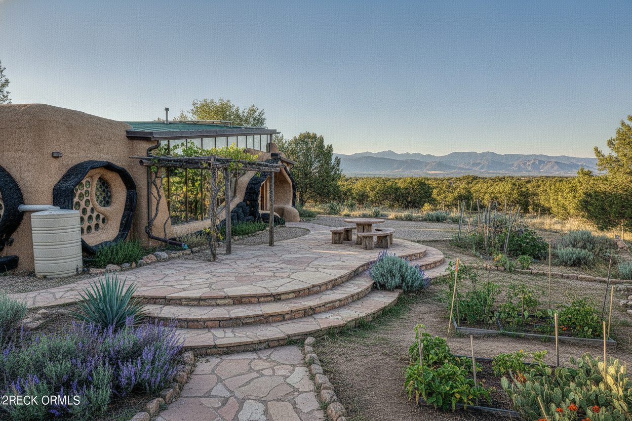 Outdoor space of the off-grid earthship in Taos, NM