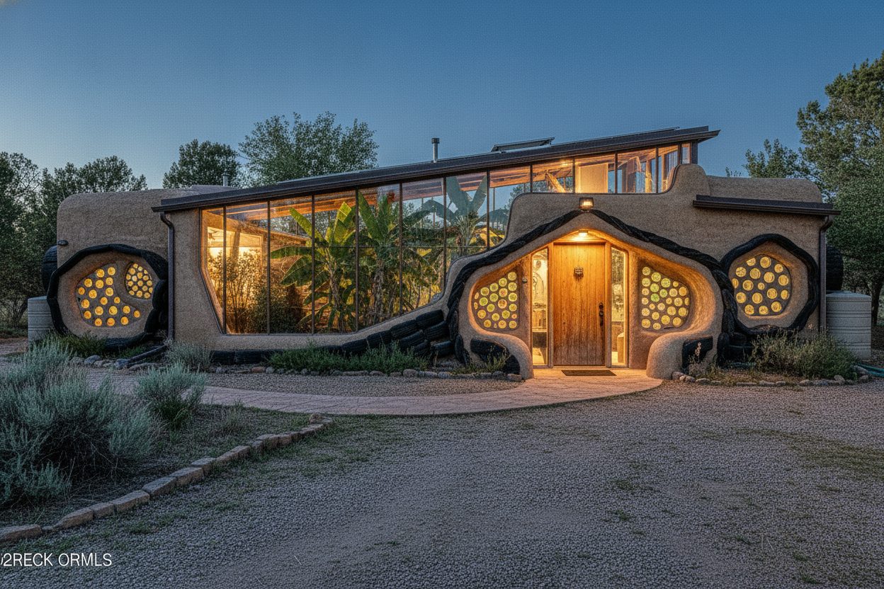 Exterior at night of the off-grid earthship in Taos, NM