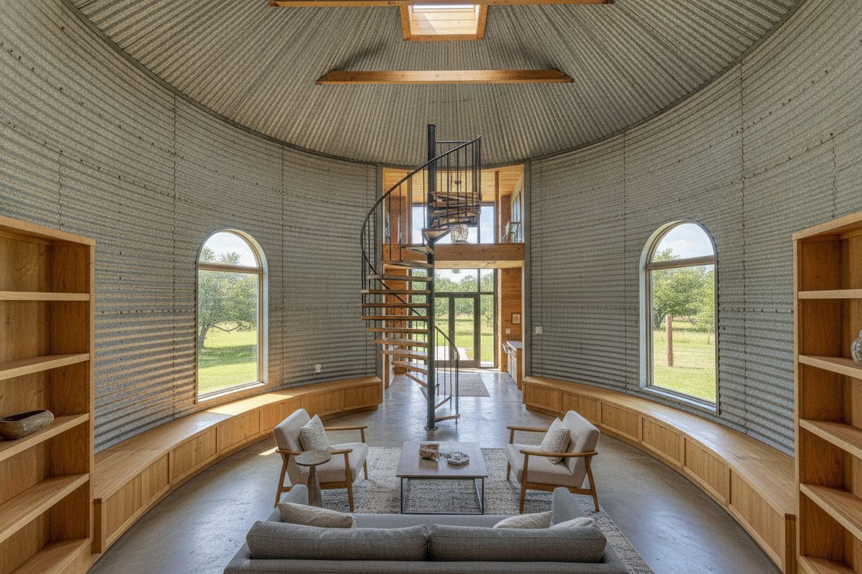 Living room of the converted grain silo in Waco, TX