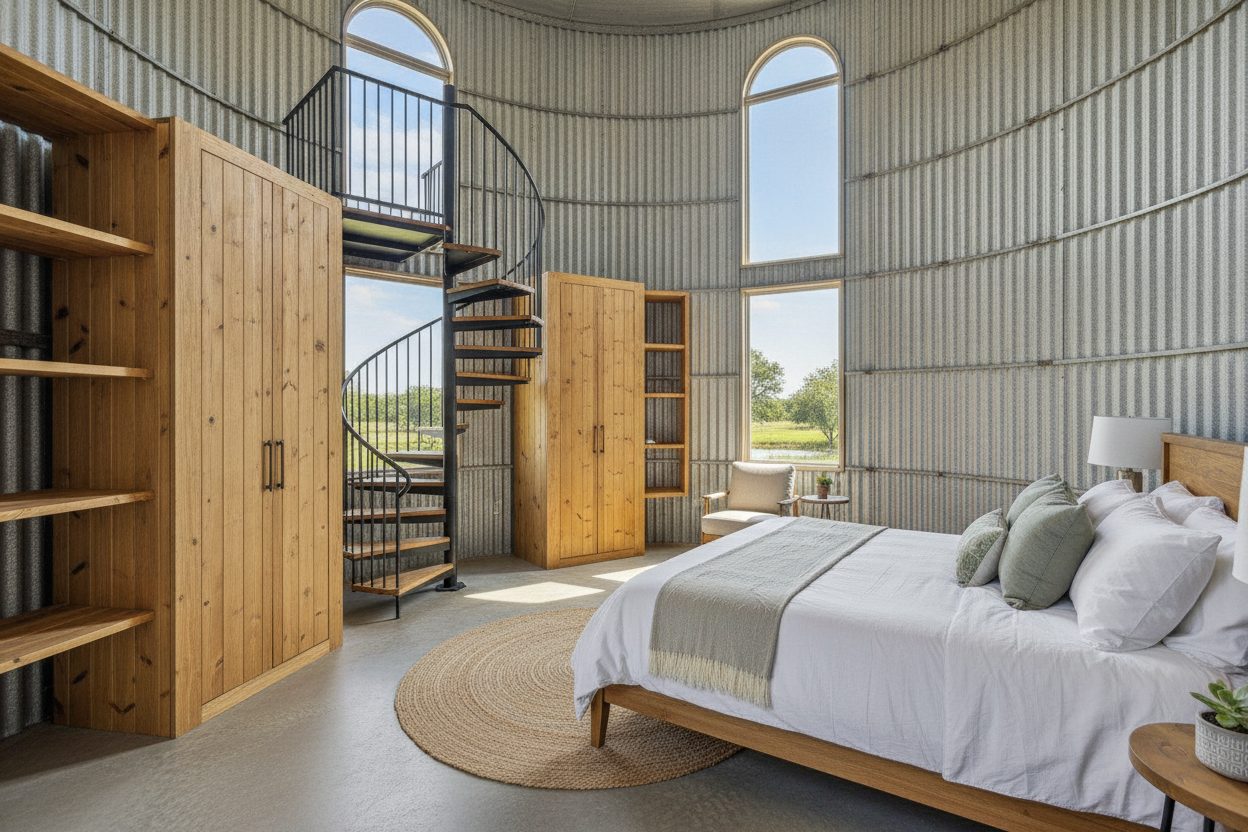 Primary bedroom of the converted grain silo in Waco, TX