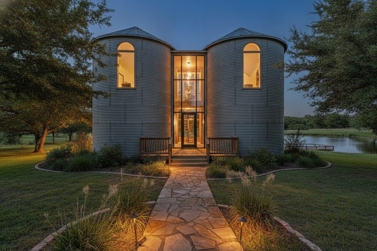 Exterior at night of the converted grain silo in Waco, TX